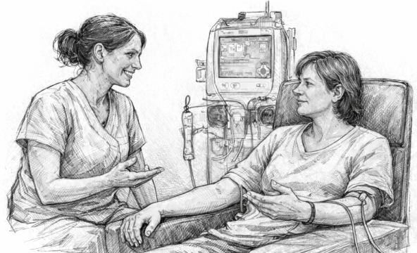 Sykepleier som snakker med en dialysepasient.