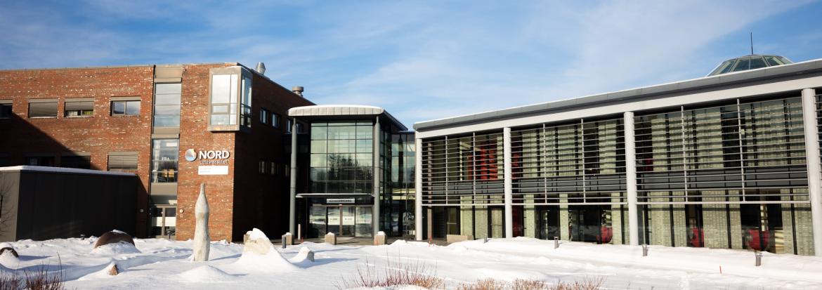 Universitetsbygg i vinterlandskap. Snø og blå himmel. Foto