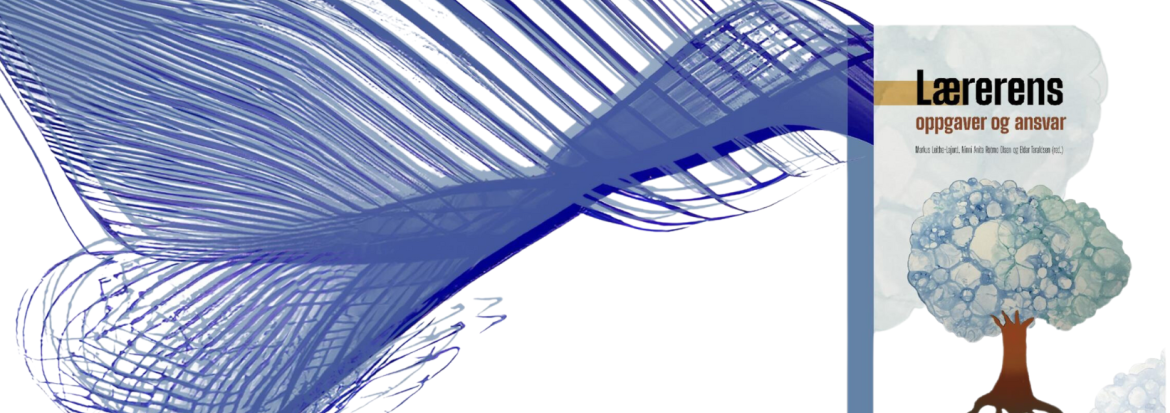 Illustrasjon med bølgende striper i blått som ender opp i et bokomslag på høyre side