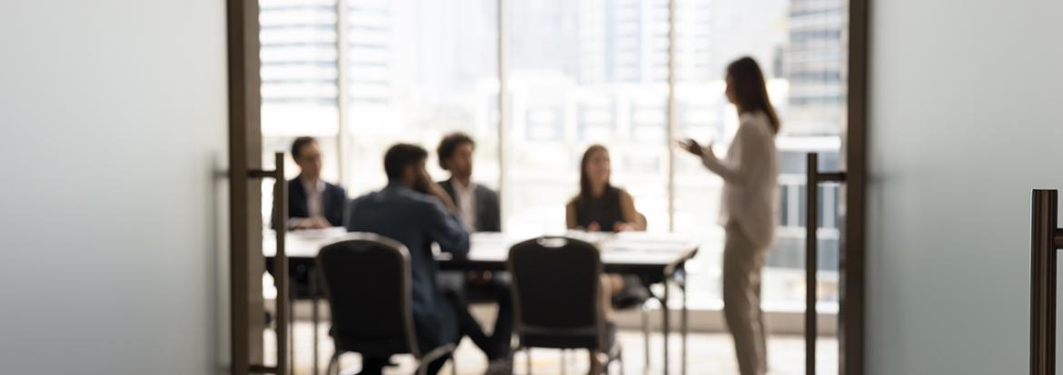 Bilde tatt gjennom to åpne dører, der vi ser en gruppe mennesker rundt et bord som deltar i et møte og som ser på en kvinne som står og snakker.