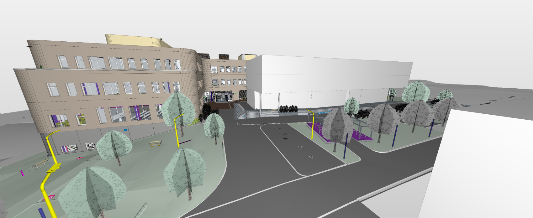 Illustrasjon av blått bygg ved inngangen til handelshøgskolen.