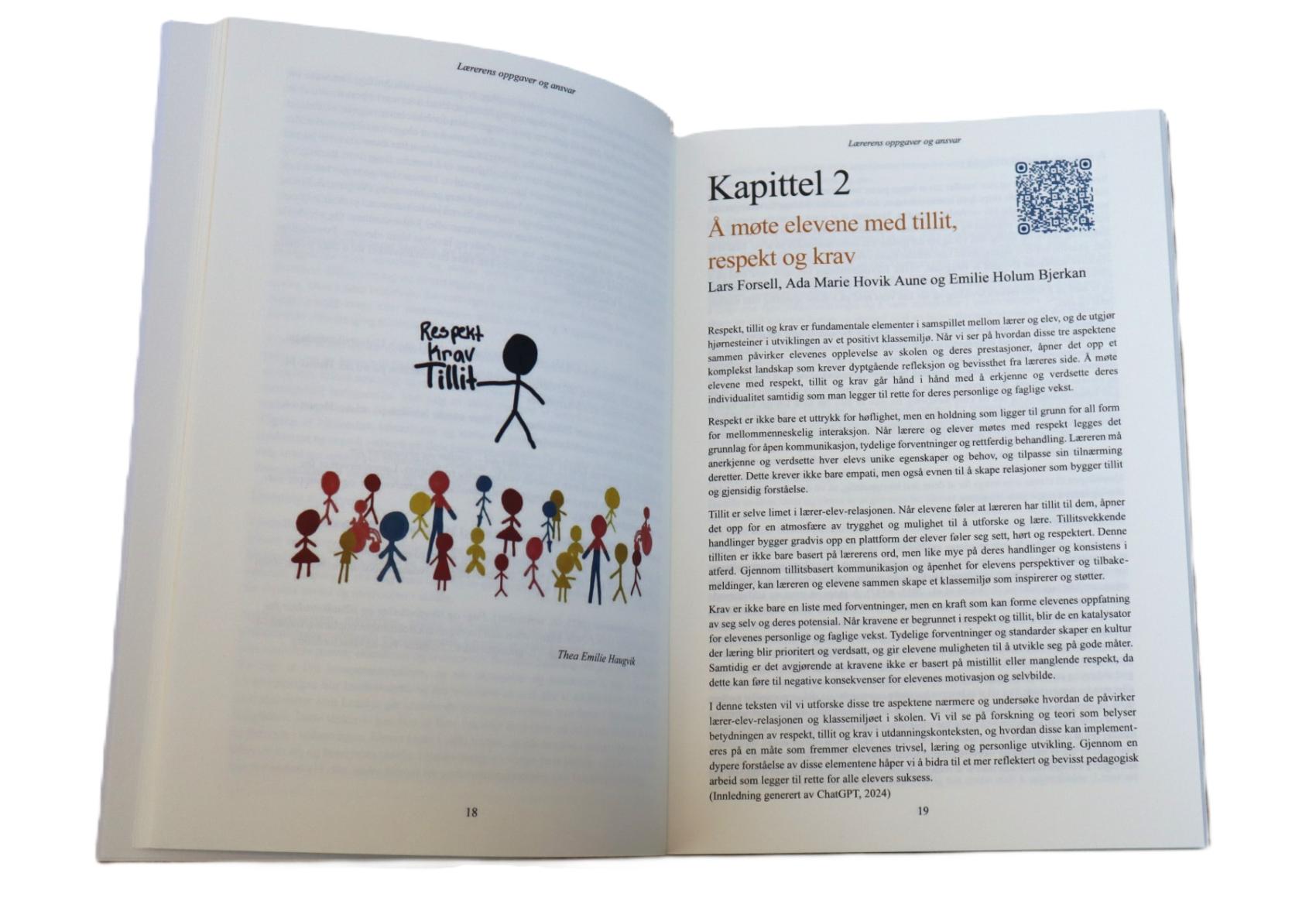 Åpen bok på side 18-19, illsutrasjon av menneskefigurer på venstre side, kapittel 2 på høyre