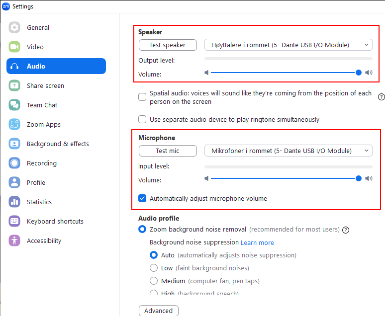 Skjermbilde som viser lydinnstillingene i Zoom.