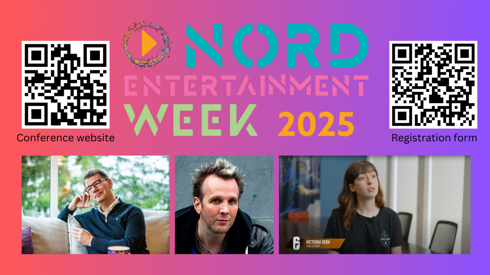 Bilde med logo for Nord Entertainment Week, bilder av deltakere og QR-koder