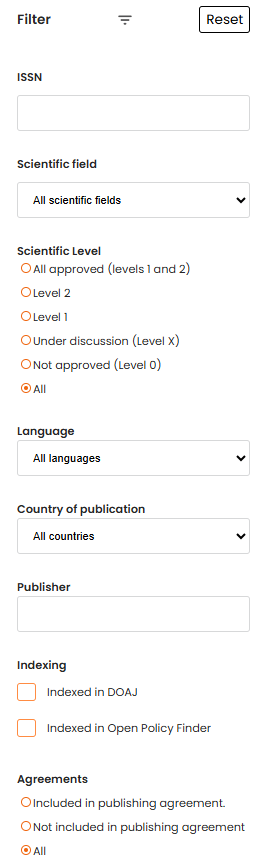 Advanced search in the channel register (filtration options): ISSN, scientific field, scientific level, language, country of publication, publisher, indexing, agreements. Screenshot
