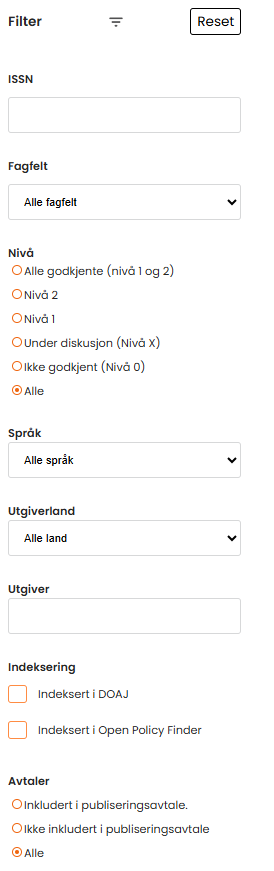 Avansert søk i Kanalregisteret (filtreringsmuligheter): ISSN, fagfelt, nivå, språk, utgiverland, utgiver, tilganger, avtaler. Skjermbilde