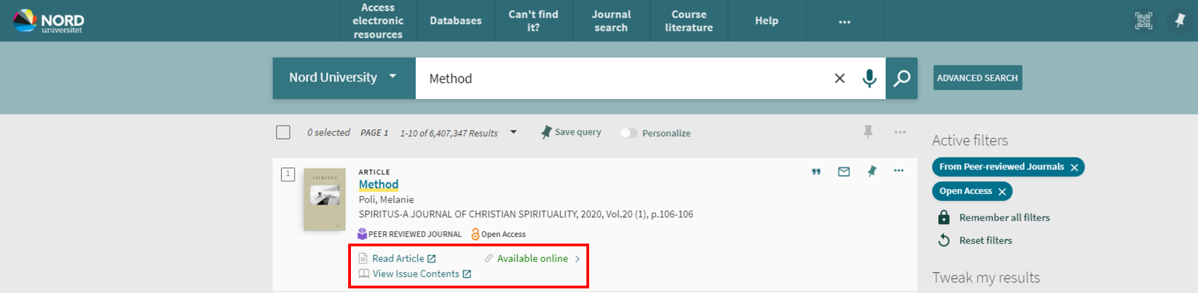 Hit list in the library’s search tool Oria: several options to open a publication. Screenshot