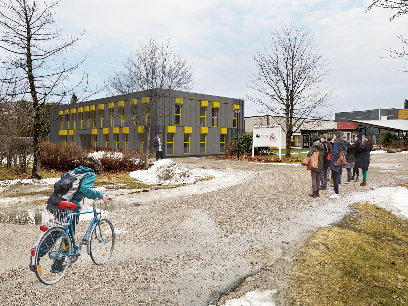 Skisse av universitetsbygg med syklist og mennesker i forgrunn.